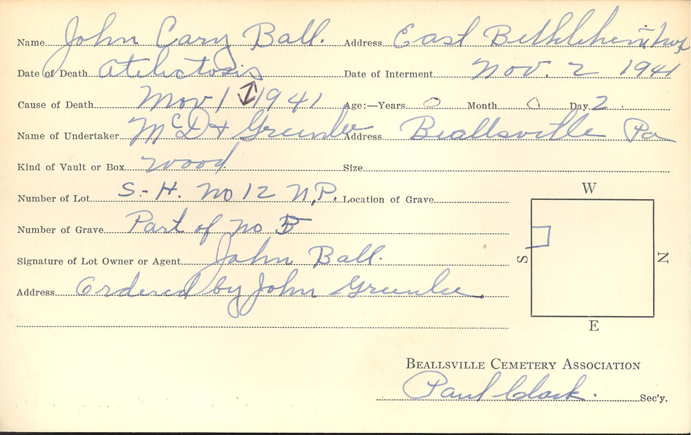 John Cary Ball burial card